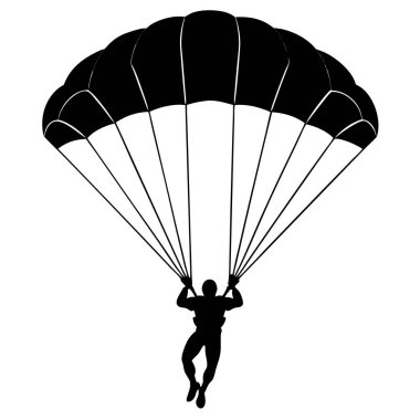 Beyaz arka plan vektör tasarımında paraşütü olan bir adamın silueti.