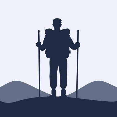 Sırt çantalı dağ tasarımı turistlerin silueti.