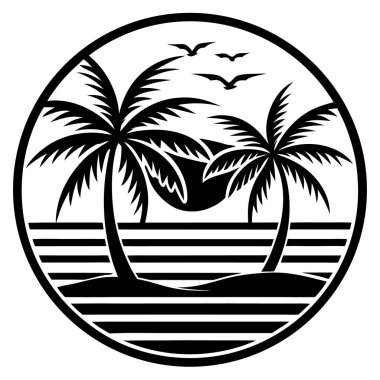 Palmiye ağacı ve güneş vektörlü siluet tropikal ada.