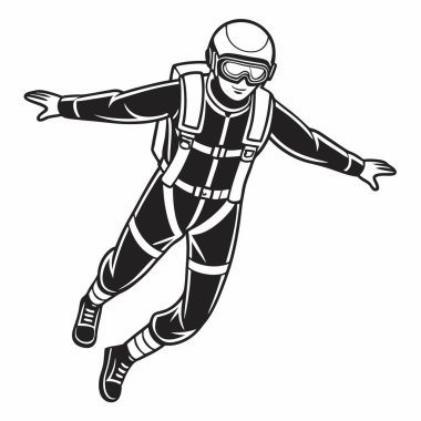 Miğferli paraşütçü. siyah ve beyaz vektör çizimi.