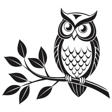 Yapraklı siyah baykuş ve kuş, illüstrasyon, beyaz arkaplanda vektör.