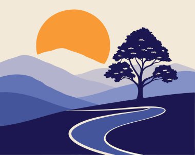 Dağların vektör manzarası ve doğa resimlerinde bir ağaç..