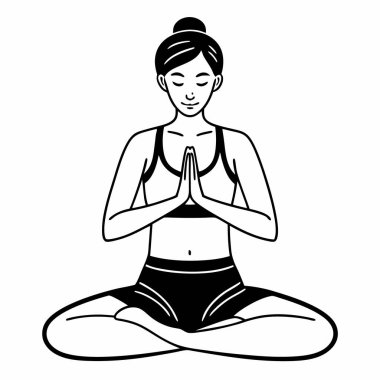 Yoga yapan yaşam tarzı kadın, siyah beyaz vektör çizimi.