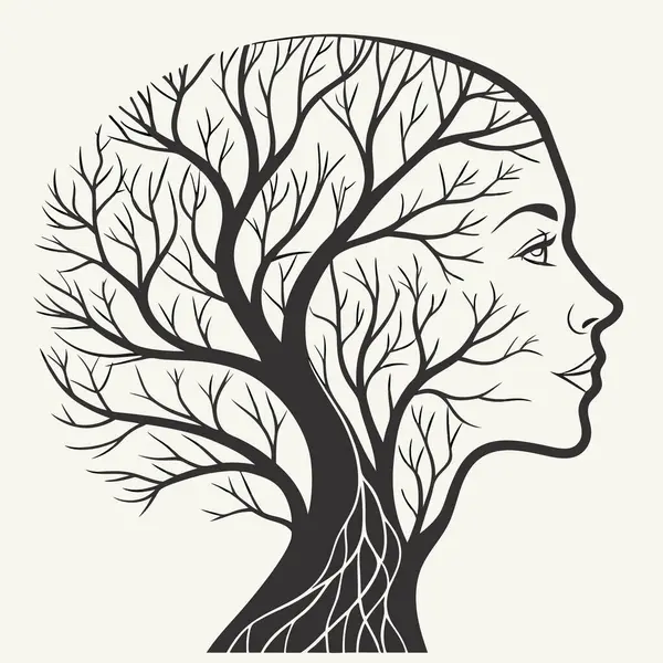 Soyut kadın yüzü ve ağaç logosu. vektör illüstrasyonu.