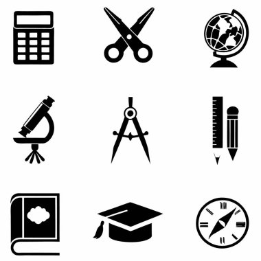 Eğitim ikonları ayarlandı. beyaz arkaplanda okul vektör simgelerinin siyah kümesi.