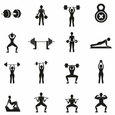 Siluet fitness dambıl ikonu seti. Basit resimleme.