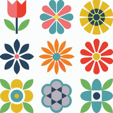 Çiçek dekoratif ikon tasarım vektör çizimi seti.
