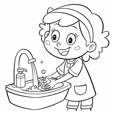 Elinde bir kova temizlik malzemesi olan bir kız. renklendirme sayfası tasarımı.
