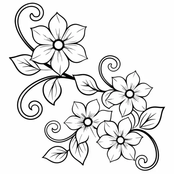 Yaprakları ve dalları olan siyah beyaz çiçek, vektör illüstrasyon tasarımı.