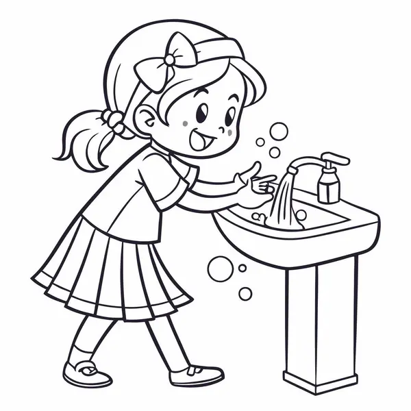 Temiz elleri yıkayan tatlı kız ve temiz vektör çizimi.