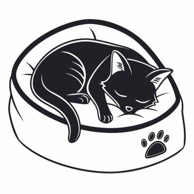 Kedi yatakta uyuyor. Beyaz arkaplanda izole edilmiş vektör illüstrasyonu.