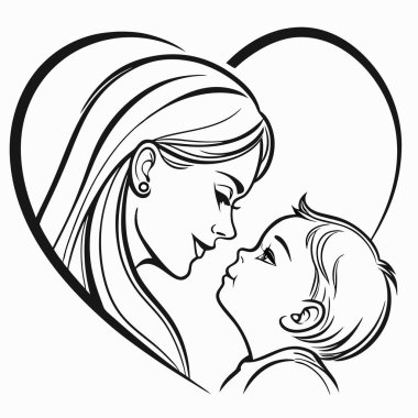 Anne ve kızı. siyah ana hatlı siluet çizimi.