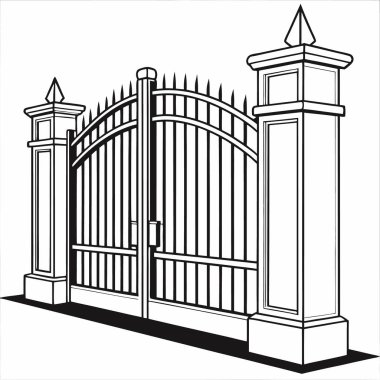 Demir çit vektör illüstrasyonlu siyah beyaz kapı.