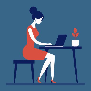 Ofis tasarımında dizüstü bilgisayarda çalışan kadın..