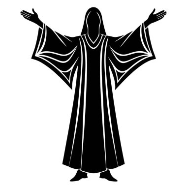 Kafasında peçesi olan siyah elbiseli bir adamın silueti..