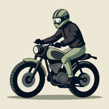 Motosikletin arka planında kasklı bir motosikletlinin vektör görüntüsü..