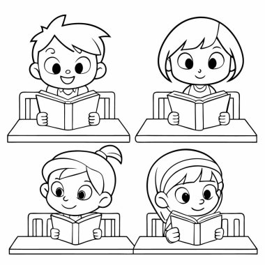 Çocuklar kitap okuyor ve vektör resimlerini okuyorlar.