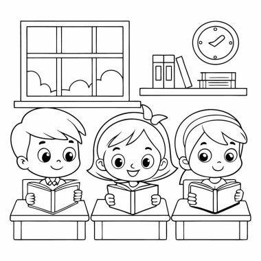 Küçük sevimli öğrenci oğlan ve kız kitap okuyor vektör çizimi tasarımı.