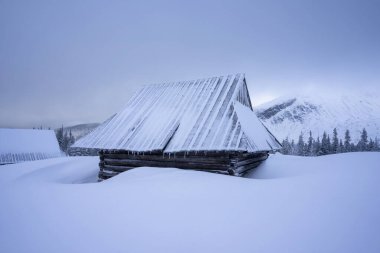 Winter landscape in the Tatra Mountains. Old hut in Gasienicowa Valley.