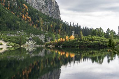 Popradske Pleso güzel dağ gölü Sonbaharda Slovakya 'da.