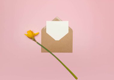 Sarı lale manzarası, kraft zarf ve pembe arka planda beyaz kart. Bahar renkli kompozisyon, düz yatış, kopyalama alanı.