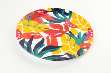 Beyaz arkaplandaki renkli plakanın üst görünümü. Egzotik bitki plakası, yaz pikniği. Düz yat, boşluğu kopyala.