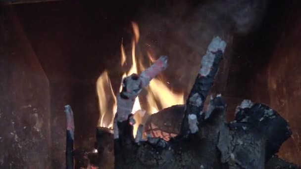 Zbliżenie Kominka Opalanego Drewnem Generuje Płomienie Iskry Ognia — Wideo stockowe