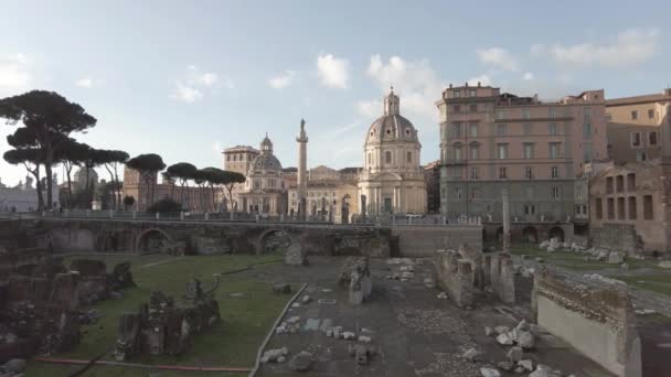 Langzaam Pan Links Traian Forum Square Uitzicht Colonnade Trajan Kolom — Stockvideo