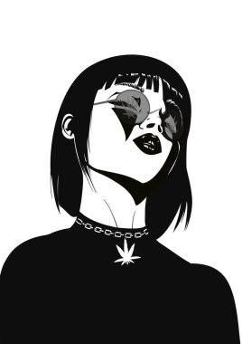 Gözlüklü ve marihuana kolyesi olan bir kız. Siyah ve beyaz vektör çizimi