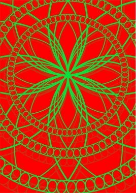 Kırmızı arkaplanda geometrik desen, çiçekli mandala