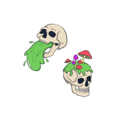 Canlı hipnotik mantarlı kafatasları, asit renkleri; bir balçık, neon renkleri.