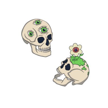 İki psikedelik kafatası, canlı hipnotik gözler, asit renkleri, gülümseyen bir çiçek, neon renkleri..