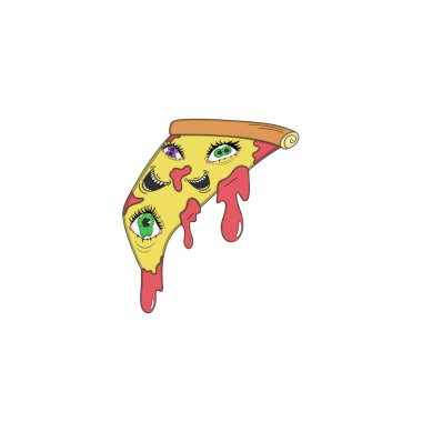 Peynir ve kabuktan çıkan çoklu göz ve ağızlara sahip saykodelik pizza dilimi, hayal gördüren, elle çizilmiş bir tarzda vücut korkusunu vücut korkusuna harmanlıyor.
