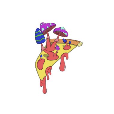 Peynir ve kabuktan filizlenen gerçeküstü mantarlı psikedelik pizza dilimi, canlı renkler, uçuk.
