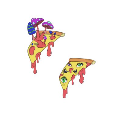 İki hayali pizza dilimi gerçeküstü mantarlar ve peynirden ve kabuktan fışkıran gözler, canlı renkler, uçuk.