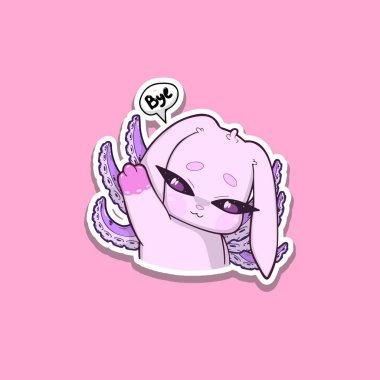 Güzel çıkartma. Tavşan-ahtapot melez karakter tatlı bir ifadeyle el sallıyor. Pastel renklerle, yumuşak gölgelerle ve açık arkaplanda izole edilmiş temiz çizgilerle sevimli çizgi film tarzı illüstrasyonları