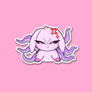 Gerçeküstü bir çıkartma. Ahtapot dokunaçlı pembe tavşan, öfkeli ve yoğun bir ifade sergiliyor. Gözleri daralmış ve duruşu öfke ve gerilim yayıyor. Tarafsız bir arkaplan üzerine kurulmuş bu tuhaf ama anlamlı karakter, şirin bir harmanlıyor.