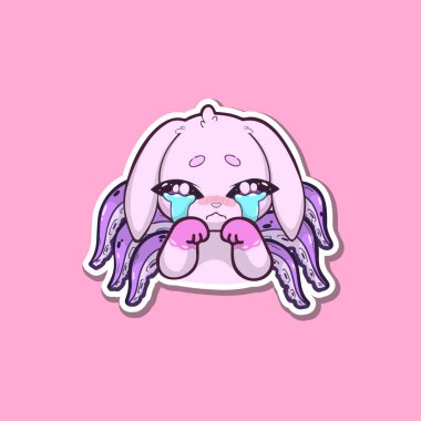 Güzel çıkartma. Ağlayan tavşancık-ahtapot hibrid karakter, büyük gözyaşı dolu gözleri, pastel renkleri ve anlamlı duygusal duruşu var. Yumuşak gölgelemeli ve temiz çizgileri olan, ışık arkaplanda izole edilmiş sevimli çizgi film tarzı illüstrasyon