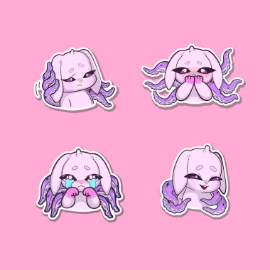 Sırtında ahtapot dokunaçları büyüyen pembe bir tavşanın olduğu dört çıkartma. Her biri farklı duygular gösteriyor: Ağlama, şüpheci, utangaç ve kendini beğenmiş. Tuhaf ve gerçeküstü bir karakter tasarımı..