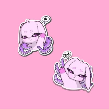 Sırtında ahtapot dokunaçları büyüyen pembe bir tavşanın olduğu iki çıkartma seti. Biri el sallıyor ve diğeri veda ediyor. Tuhaf ve gerçeküstü bir karakter tasarımı.