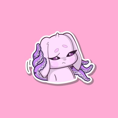 Gerçeküstü bir çıkartma. Ahtapotlu pembe tavşan, kuşkucu ya da şaşkın bir ifade takınıyor. Karakter tarafsız bir arkaplana karşı duruyor. Alışılmadık bir yaratığın dizaynında sevimli ve tuhaf elementleri harmanlıyor..