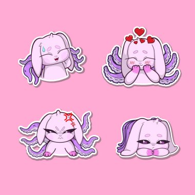 Sırtında ahtapot dokunaçları büyüyen pembe bir tavşanın yer aldığı dört çıkartma her biri farklı duygular barındırıyor: utanmış, kızgın, üzgün ve sevecen. Tuhaf ve gerçeküstü bir karakter tasarımı..