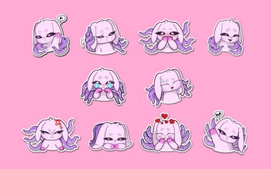 Sırtında ahtapot dokunaçları olan pembe bir tavşanın yer aldığı 10 çıkartma, her biri farklı bir duygu veya jest ifade ediyor: utanmış, kızgın, üzgün, sevecen, ağlayan, şüpheci, utangaç, kendini beğenmiş, el sallayan ve elveda diyen.