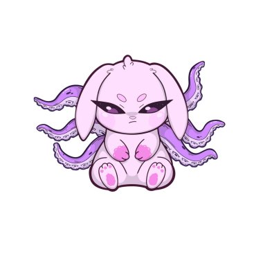 Sırtında ahtapot dokunaçları büyüyen, tarafsız bir zemine karşı duran pembe bir tavşan. Gerçeküstü ve kaprisli bir karakter tasarımı.