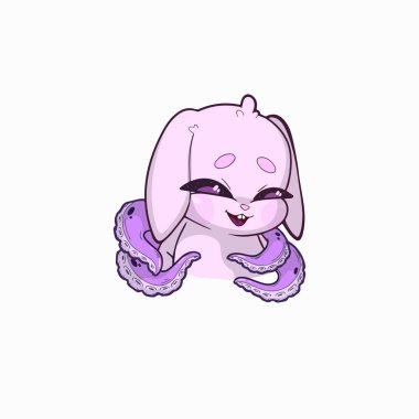 Sevimli tavşan-ahtapot melez karakter arsız, muzip bir gülümsemesi ve neşeli bir ifadesi var. Pastel renkler, yumuşak gölgeleme ve açık arkaplanda izole edilmiş temiz çizgiler içeren sevimli çizgi film tarzı illüstrasyon