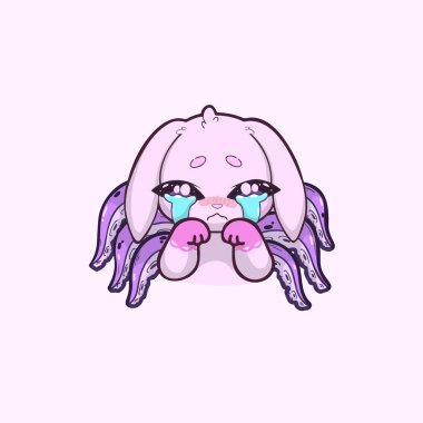 Ağlayan sevimli tavşancık-ahtapot hibrid karakteri. Büyük gözyaşı dolu gözleri, pastel renkleri ve anlamlı duygusal duruşu var. Yumuşak gölgelemeli ve temiz çizgileri olan, ışık arkaplanda izole edilmiş sevimli çizgi film tarzı illüstrasyon