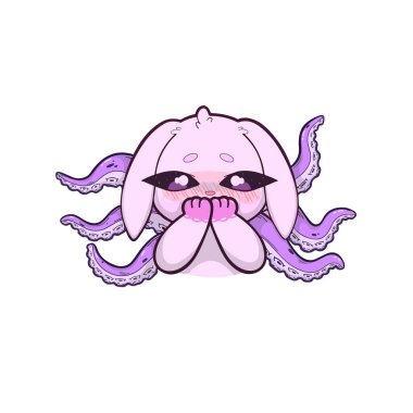 Ahtapot dokunaçlı sürrealist pembe bir tavşan, son derece mahcup bir ifadeyi gösteriyor. Karakterlerin vücut dili ve yüz hatları, sade ve nötr bir arkaplan karşısında belirlenen uygunsuzluk ve rahatsızlığı iletir..