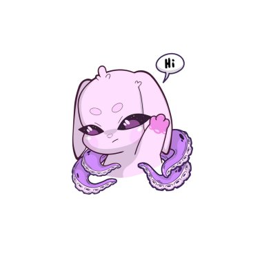 Ahtapot dokunaçlı sürrealist pembe bir tavşan dostça bir selamlama hareketi yaparak dokunaçlarından birini kaldırıyor. Karakter, alışılmadık ve yaratıcı bir yaratıkla tuhaf bir cazibeyi harmanlayan nötr bir arka plana karşı duruyor.