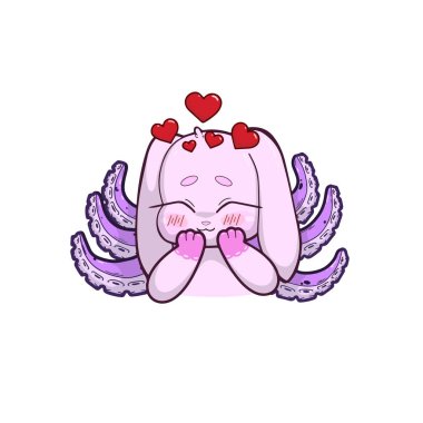 Sevgi dolu bir ifadesi ve ışıl ışıl gözleri olan sevimli tavşan-ahtapot melez karakter. Pastel renklerde sevimli çizgi film çizimleri, yumuşak gölgeleme ve temiz çizgiler, açık arkaplanda izole edilmiş..