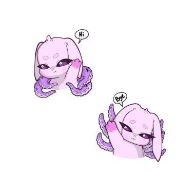 Sırtında ahtapot dokunaçları büyüyen iki pembe tavşancık seti. Biri el sallıyor ve diğeri veda ediyor. Tuhaf ve gerçeküstü bir karakter tasarımı.